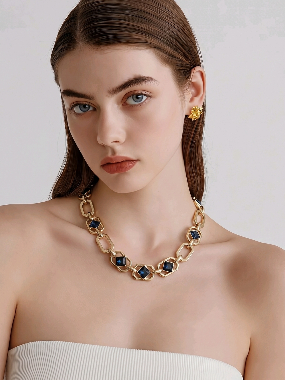 Thalia Sodi Gold Link Necklace with Blue Stones Statement